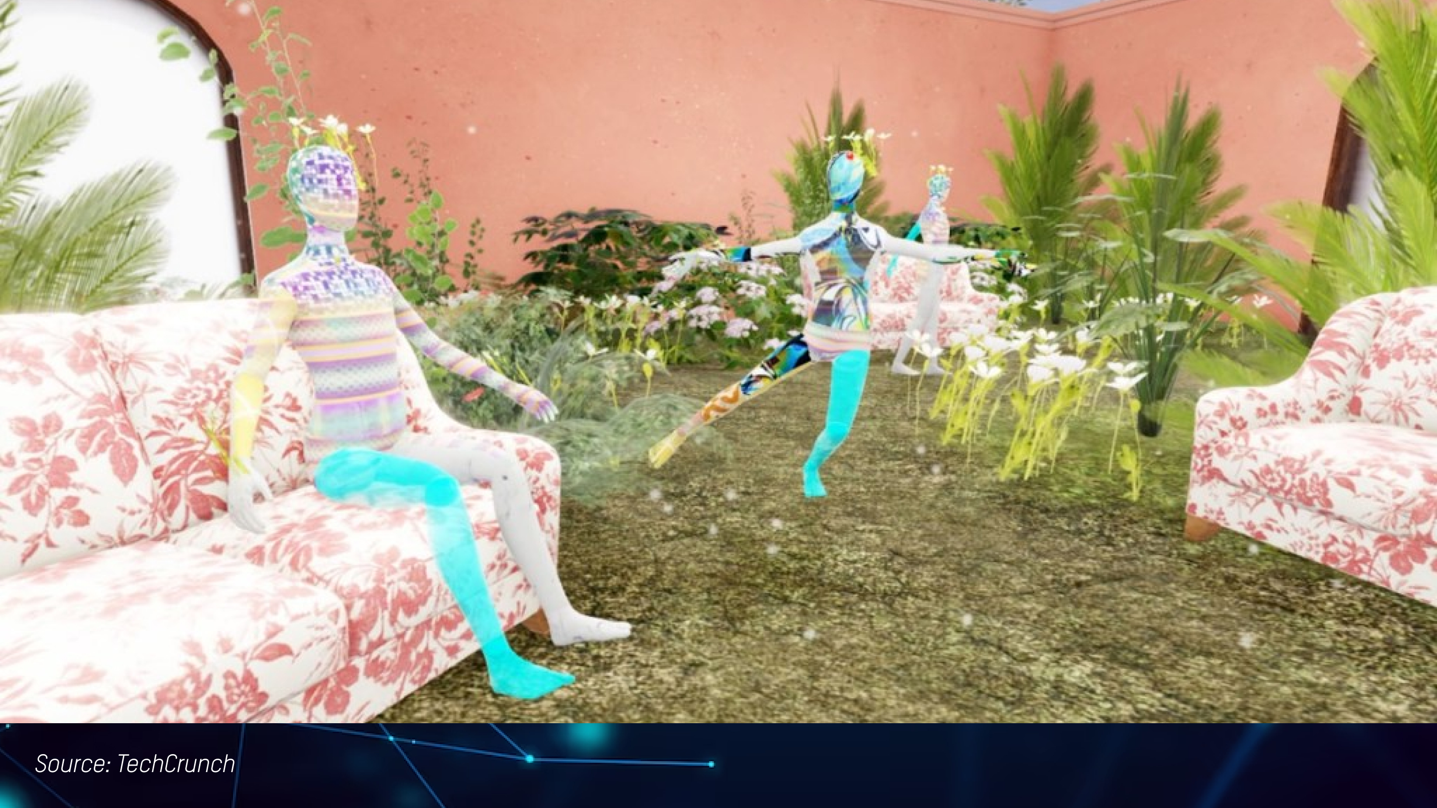 Gucci virtual 3D space with humanoid figures in a garden.