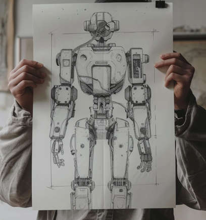 A person holding up a drawing of a robot