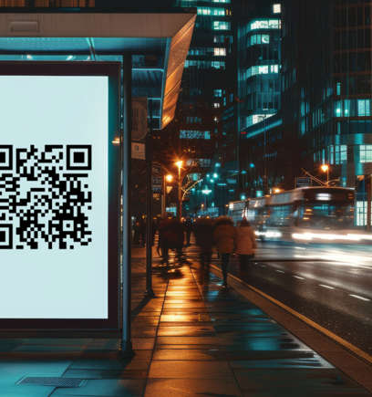 QR code on a bus stop sign in a busy city