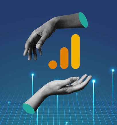 Hands hovering around Google Analytics 4 logo