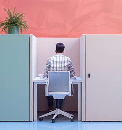 A person sitting at a cubicle