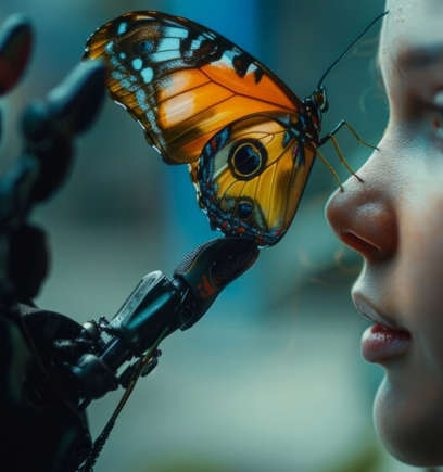 A red-headed little girl with robotic hand holding a butterfly up to her face