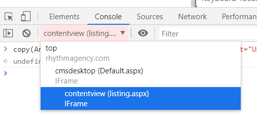 Shows the context frame chooser in the Chrome console.