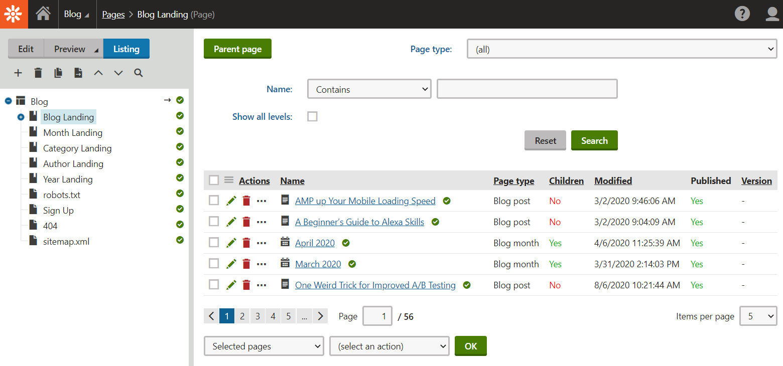Shows the list of all blog pages in Kentico.