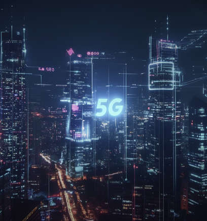 A futuristic city scape with "5G" illuminated in neon