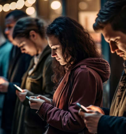 A group of people looking down at their illuminated phones